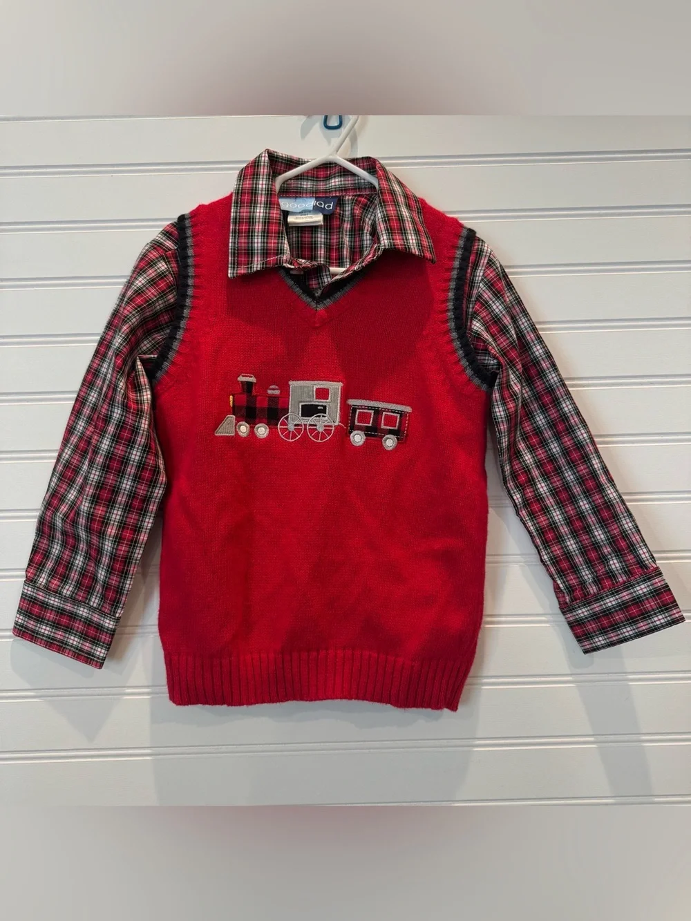 Goodlad Boys 4T Christmas Outfit Shirt Sweater Vest Train Plaid Holiday 2 Piece